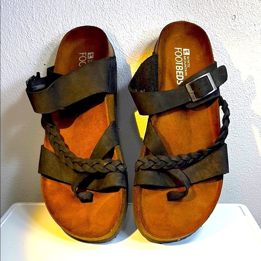 White Mountain "Hazy" Black Leather Sandals Braided Straps Slip On womens 10M